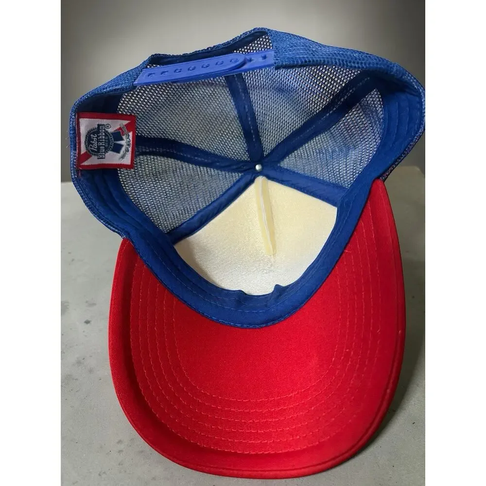 Vintage Pabst Blue Ribbon PBR Beer Trucker Hat Snapback Mesh Back Red White Blue